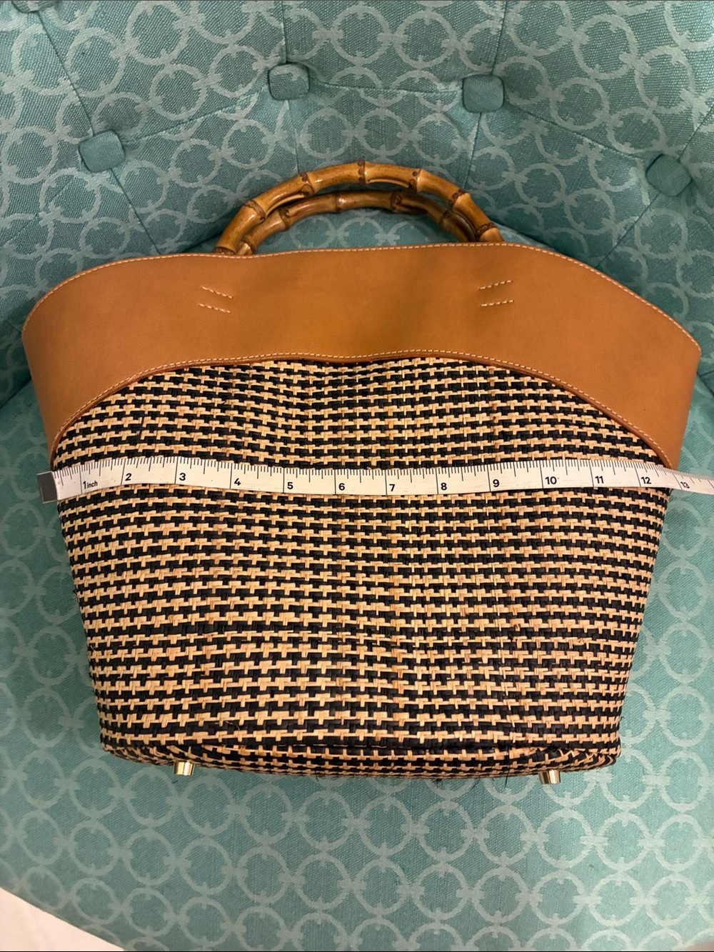 J McLaughlin Tan Woven Tote with Bamboo Handles - Designer Style - Picture 10 of 11
